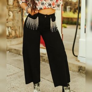 Lucky & Blessed Black Wide-Leg Pants with Silver Fringe